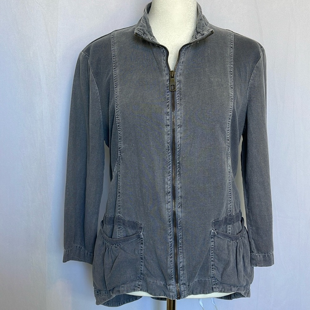 XCVI Linen Blend Full Zip Jacket Size S Gray Pockets 3/4 Sleeve Back Rouching